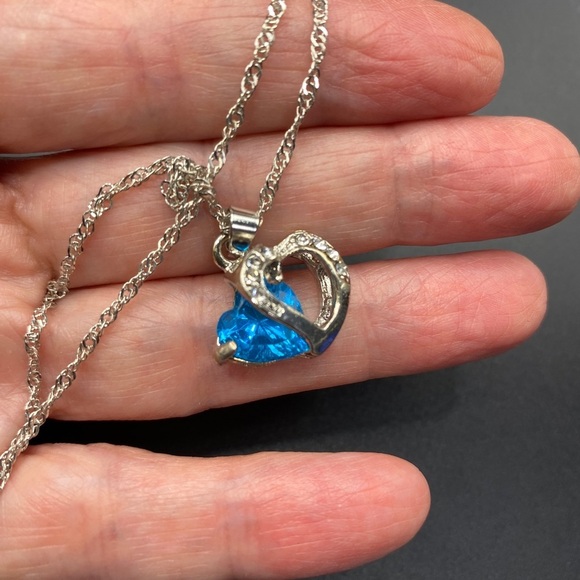 Blue & CZ Double Hearts Necklace on Chain - Picture 6 of 7